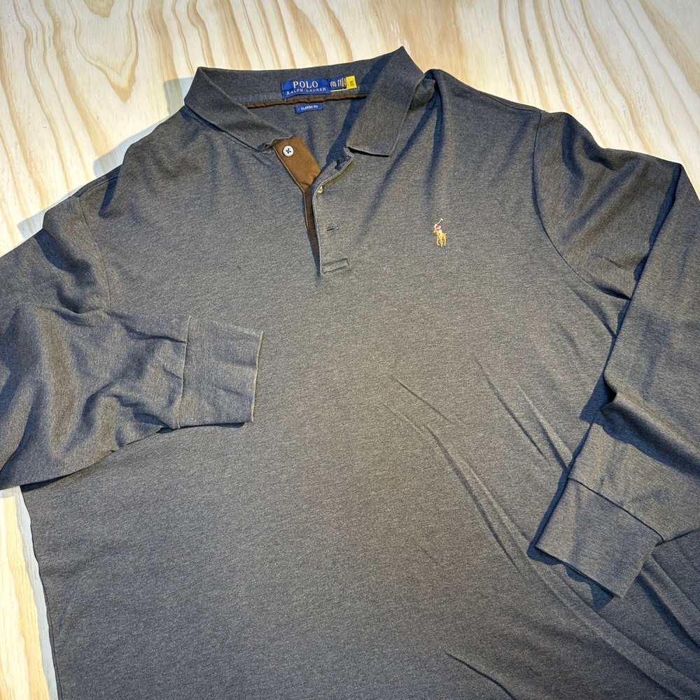 Polo Ralph Lauren Mens XXL Gray Classic Fit Long Sleeve Jersey Polo Shirt